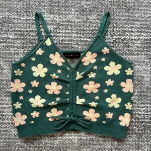 Social Scene Green Floral Knit Tie-Front Crop Cami Top